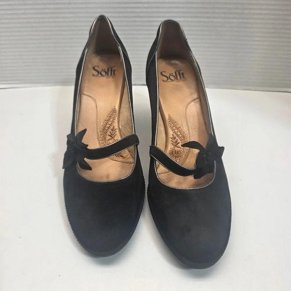 Sofft Womens Black Suede‎ Mary Jane Pumps Floral Bow Mid Heels Size 8M 1015761